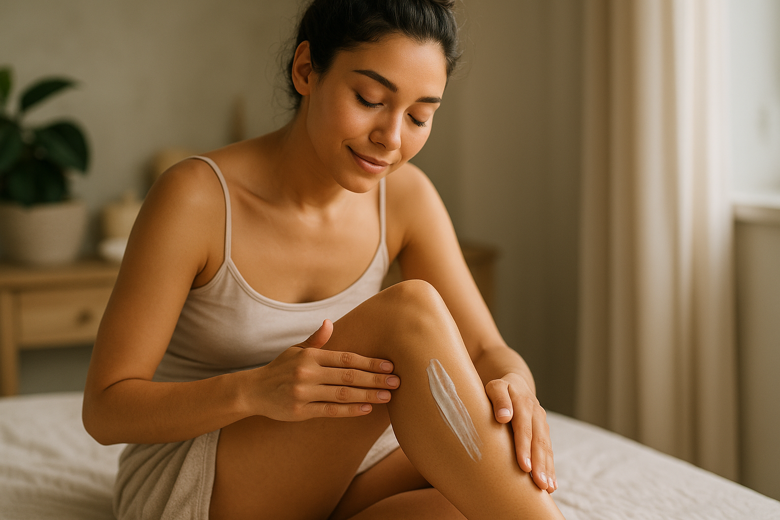 Eine Frau die ihre beine eincremt 